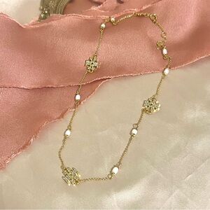 Tory Burch Logo Crystal and‎ Freshwater Pearl Necklace